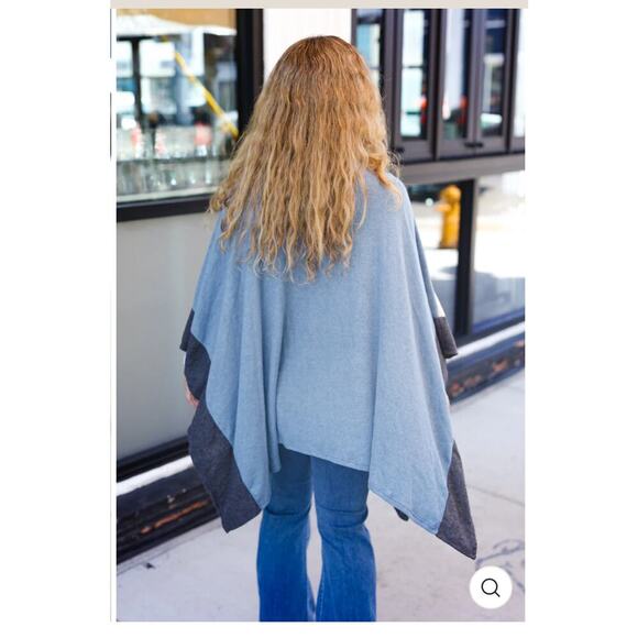 Cozy Color-block Blanket‎ Wrap Poncho Waterfall Cardigan Blue Cream Rust Gray - Picture 2 of 4